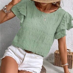 SHEIN Mint Green Ruffle Sleeve Smocked Short Sleeve Top